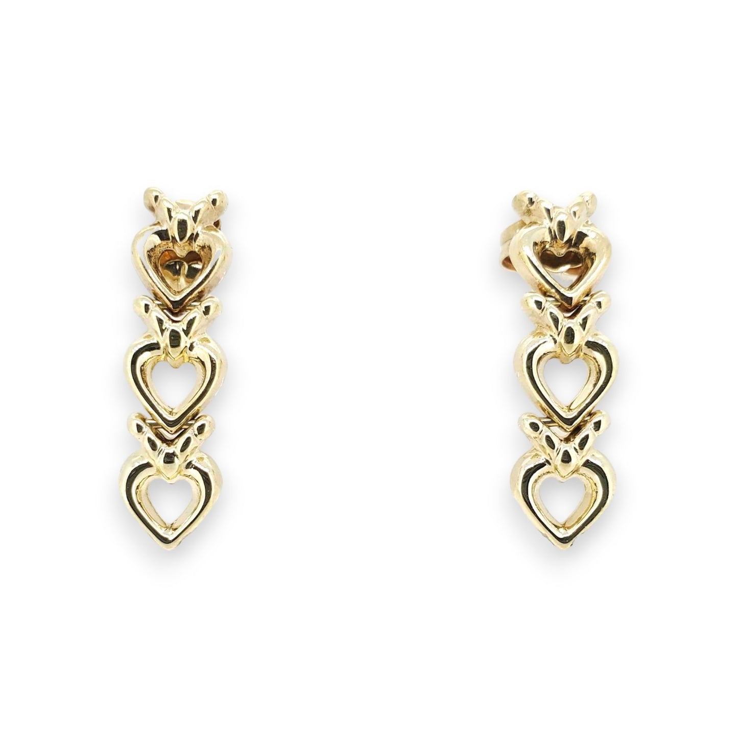 Vintage Yellow Gold 3 Heart Drop Earrings