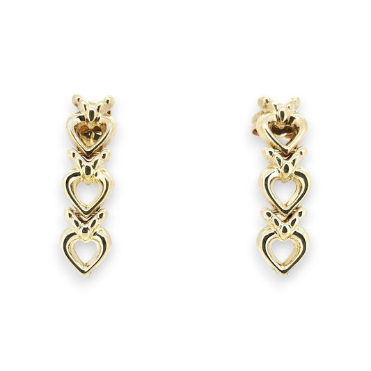 Vintage Yellow Gold 3 Heart Drop Earrings