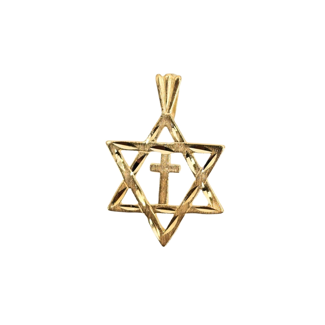 Yellow Gold Diamond Cut Star of David with Cross Pendant