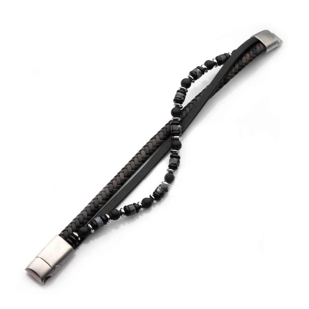 Grey Leather and Bead Multi-Strand Bracelet with Magnetic Clasp