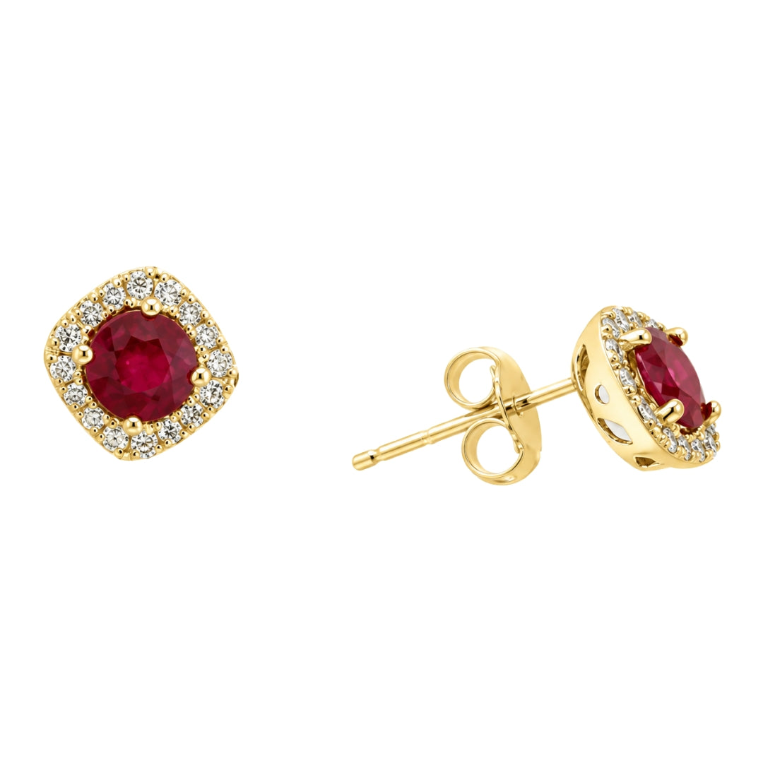 Yellow Gold Round Ruby Halo Studs