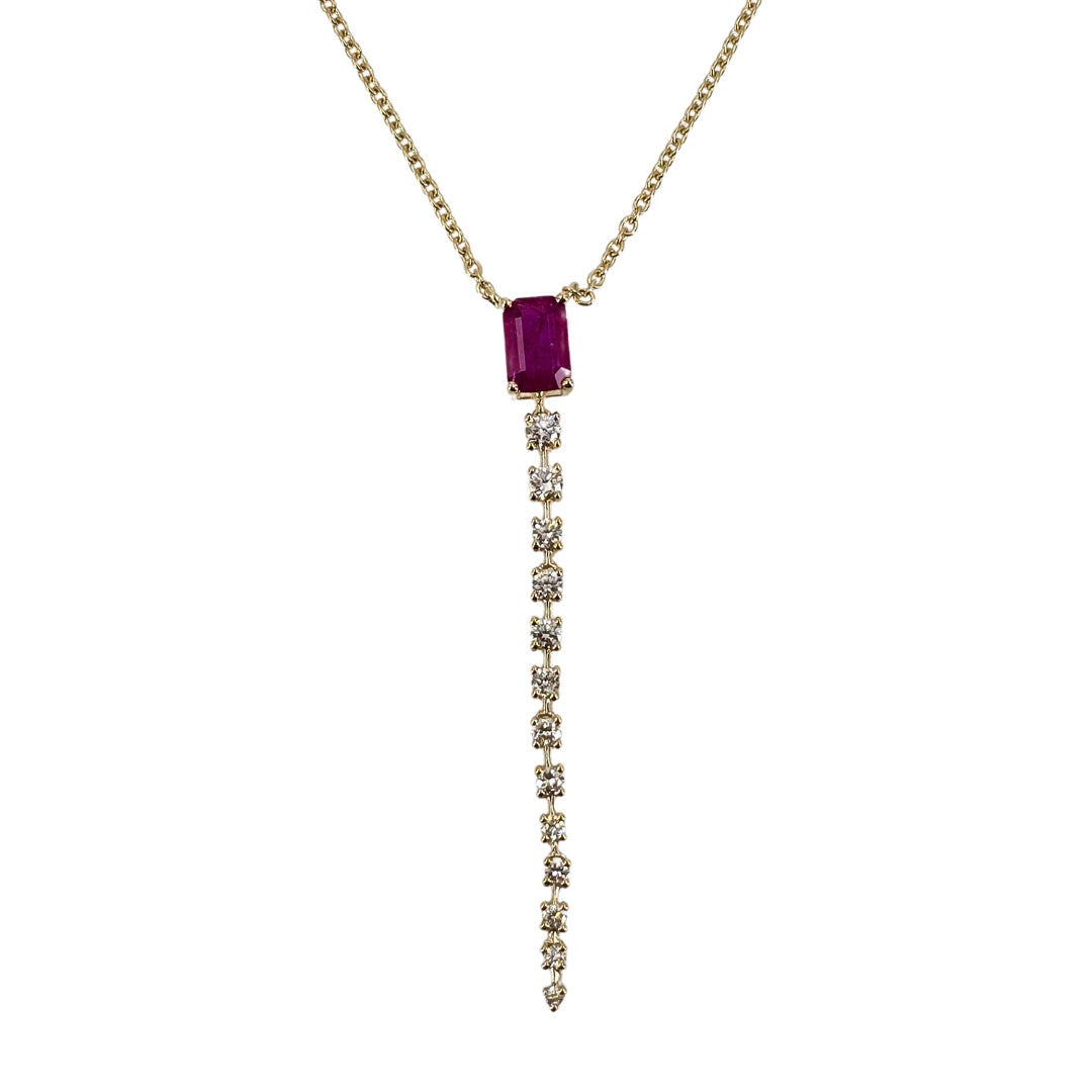 Yellow gold necklace with rectangular ruby and round diamonds descending in an elegant line.