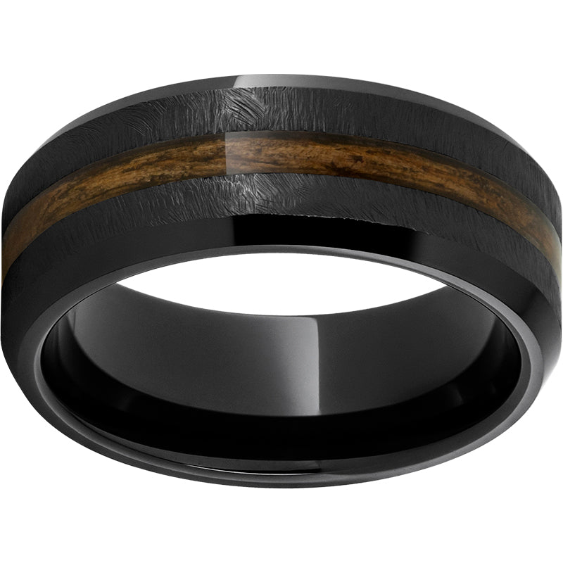 8MM Black Ceramic Stone Finish Wedding Band with Bourbon Barrel Inlay