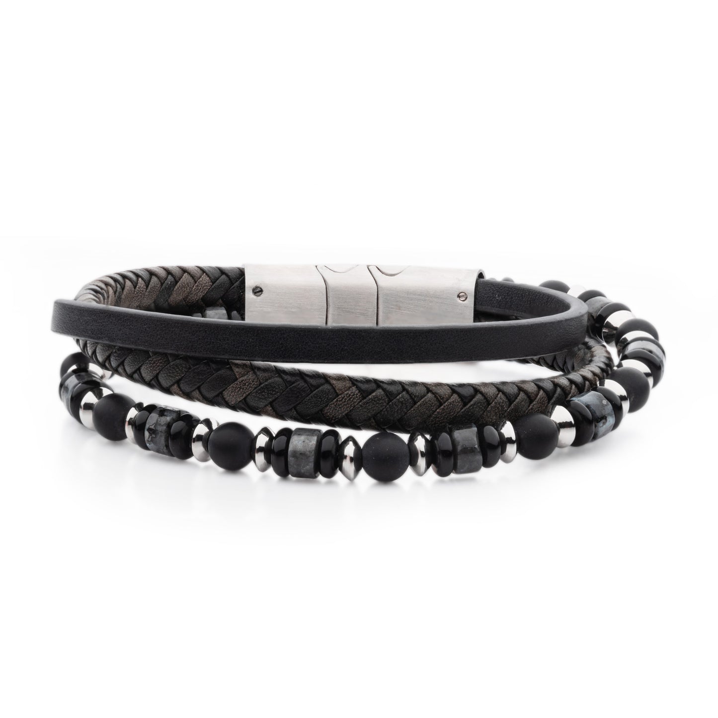 Grey Leather and Bead Multi-Strand Bracelet with Magnetic Clasp
