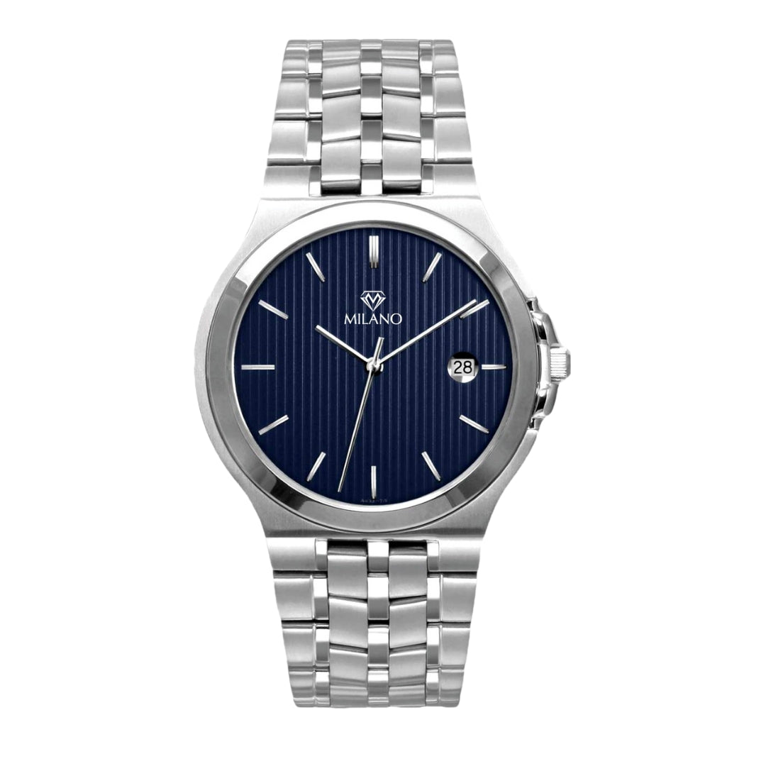Stainless Steel Blue Pinstripe Dial Dress Watch
