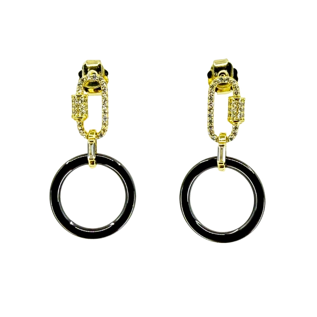 Black Circle Cz Carabiner Dangle Earrings