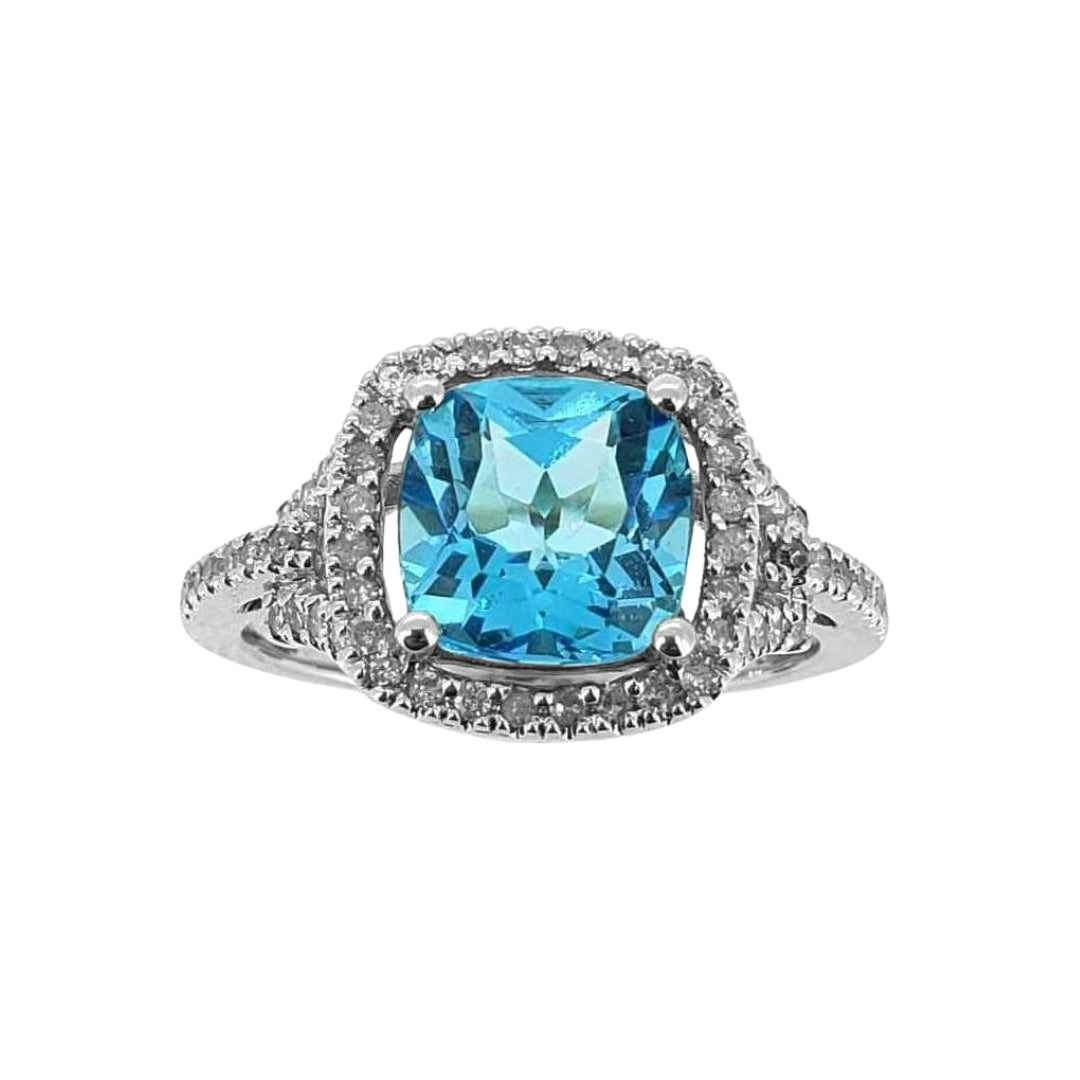 White Gold Cushion Blue Topaz Ring