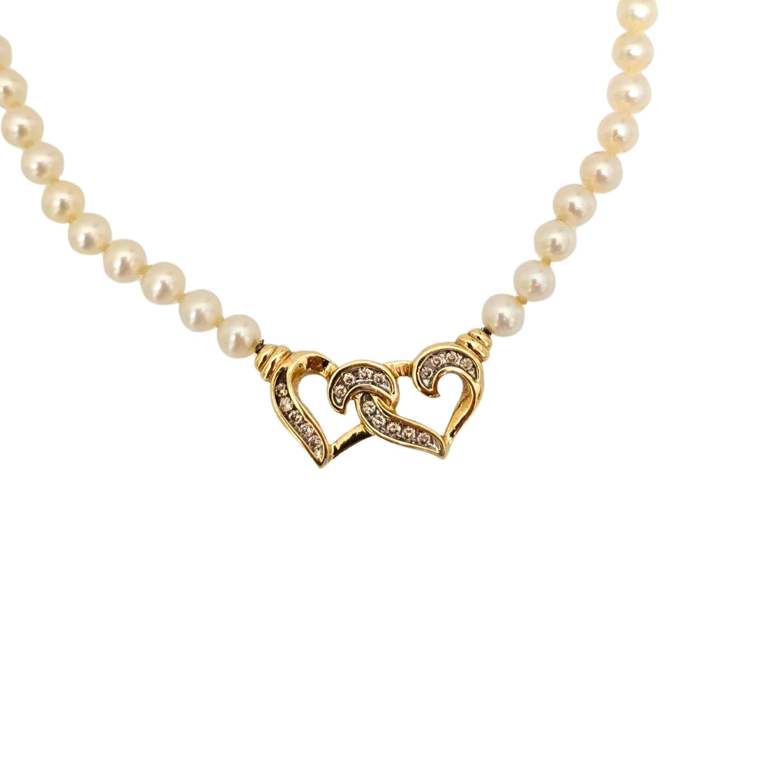 Pearl Necklace with Diamond Double Heart Station