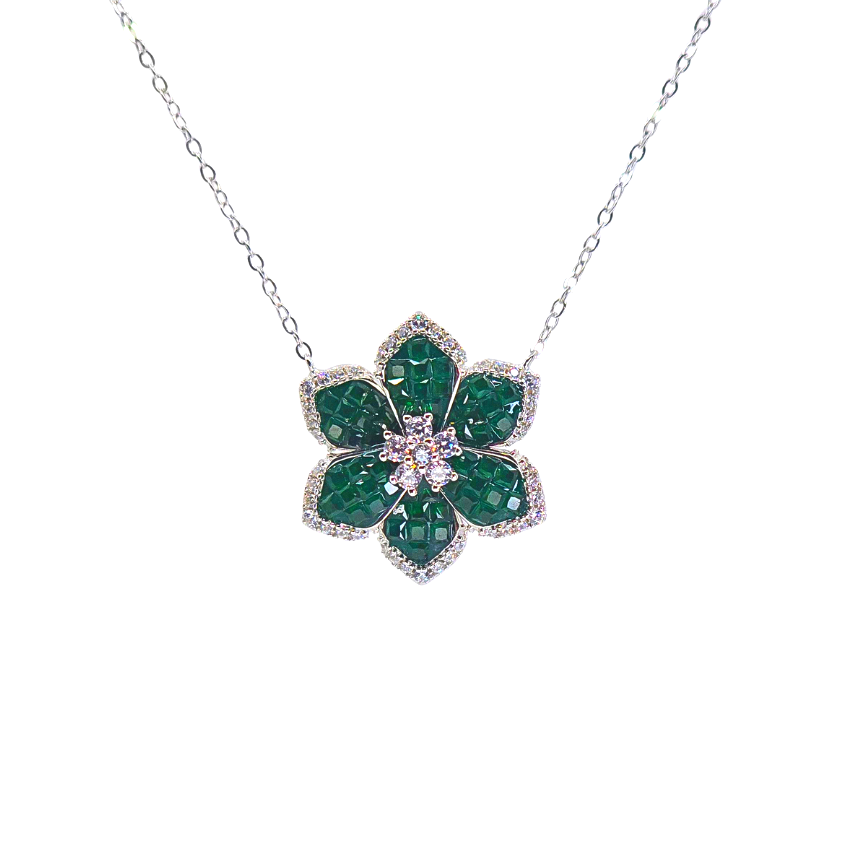 Large Sterling Silver Green and White Crystal Flower Necklace