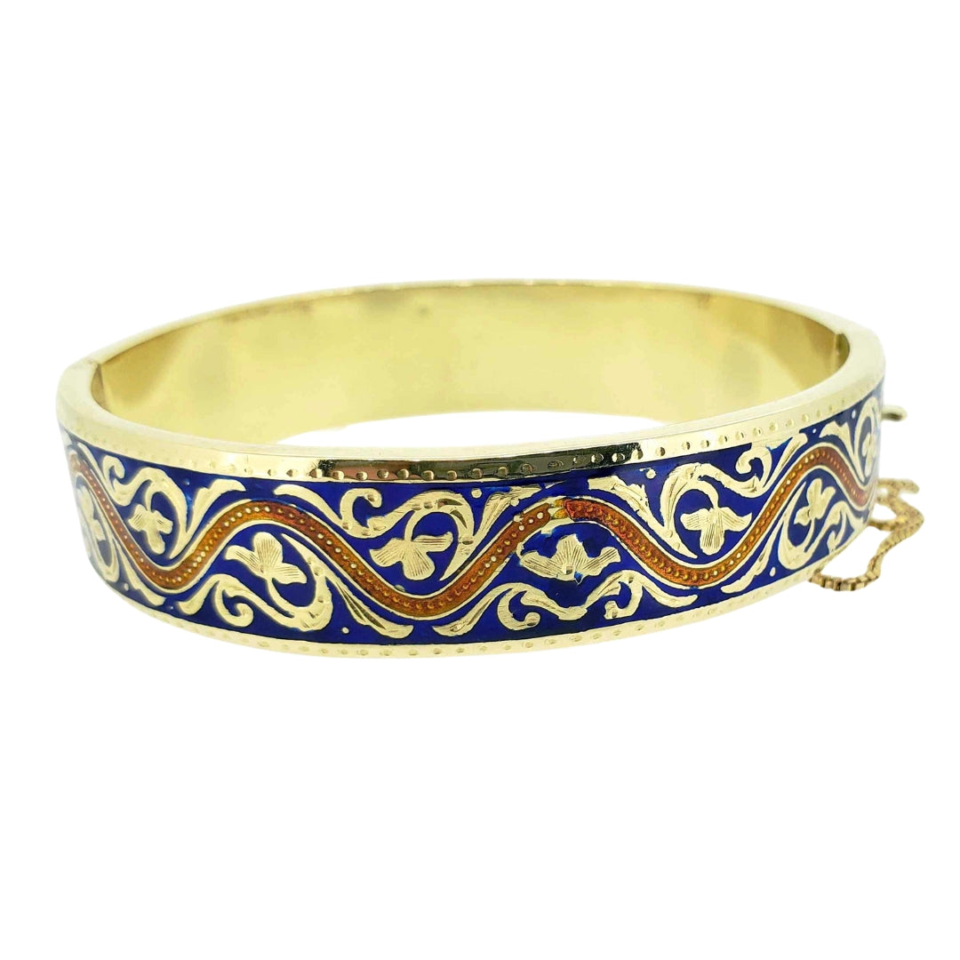 Yellow Gold Blue and Tangerine Enamel Bangle Bracelet