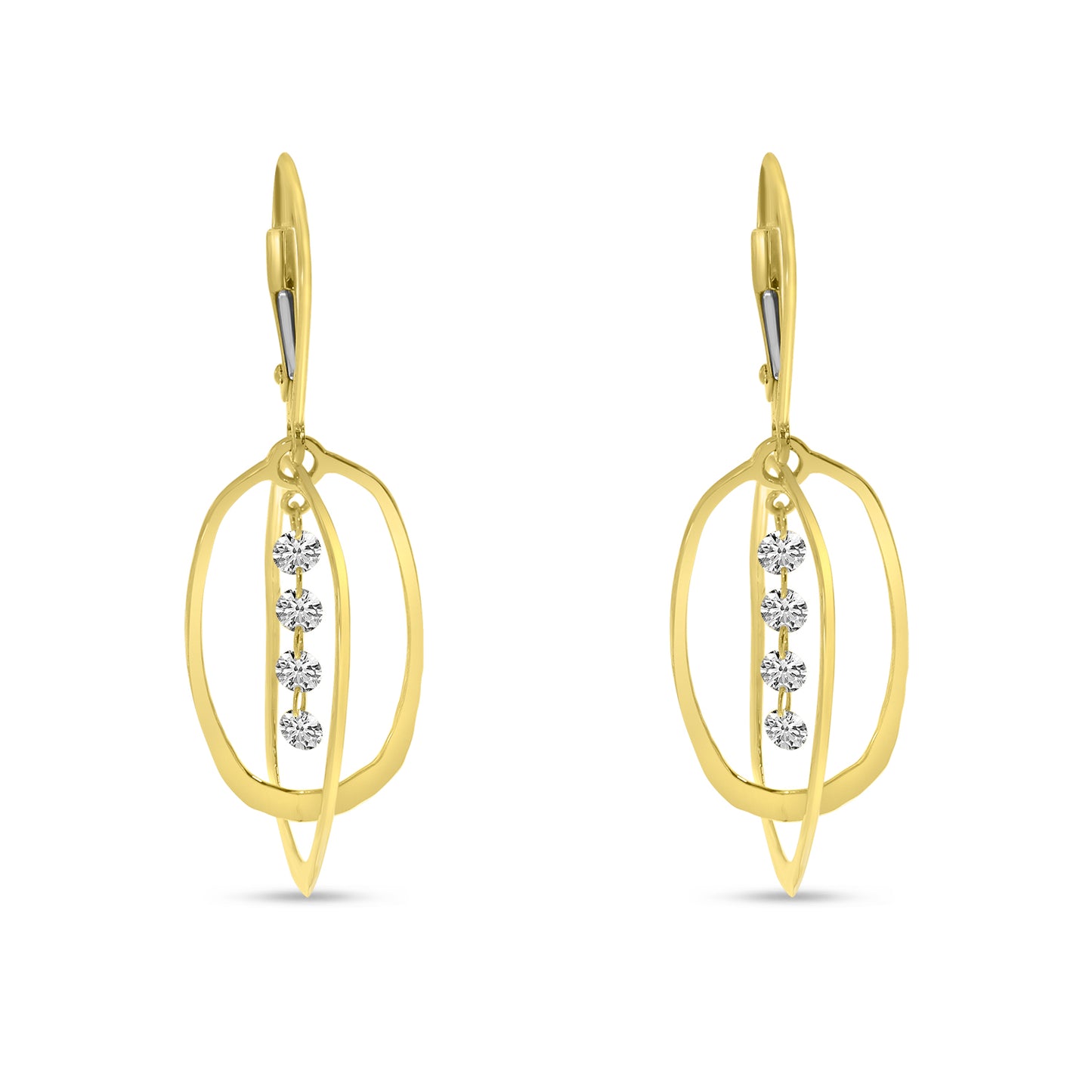 Yellow gold drop earrings with descending dashing diamonds.