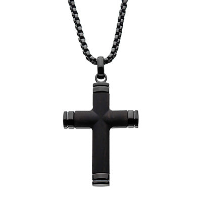 Black IP Ebony Wood Inlaid Cross Pendant with Black Box Chain
