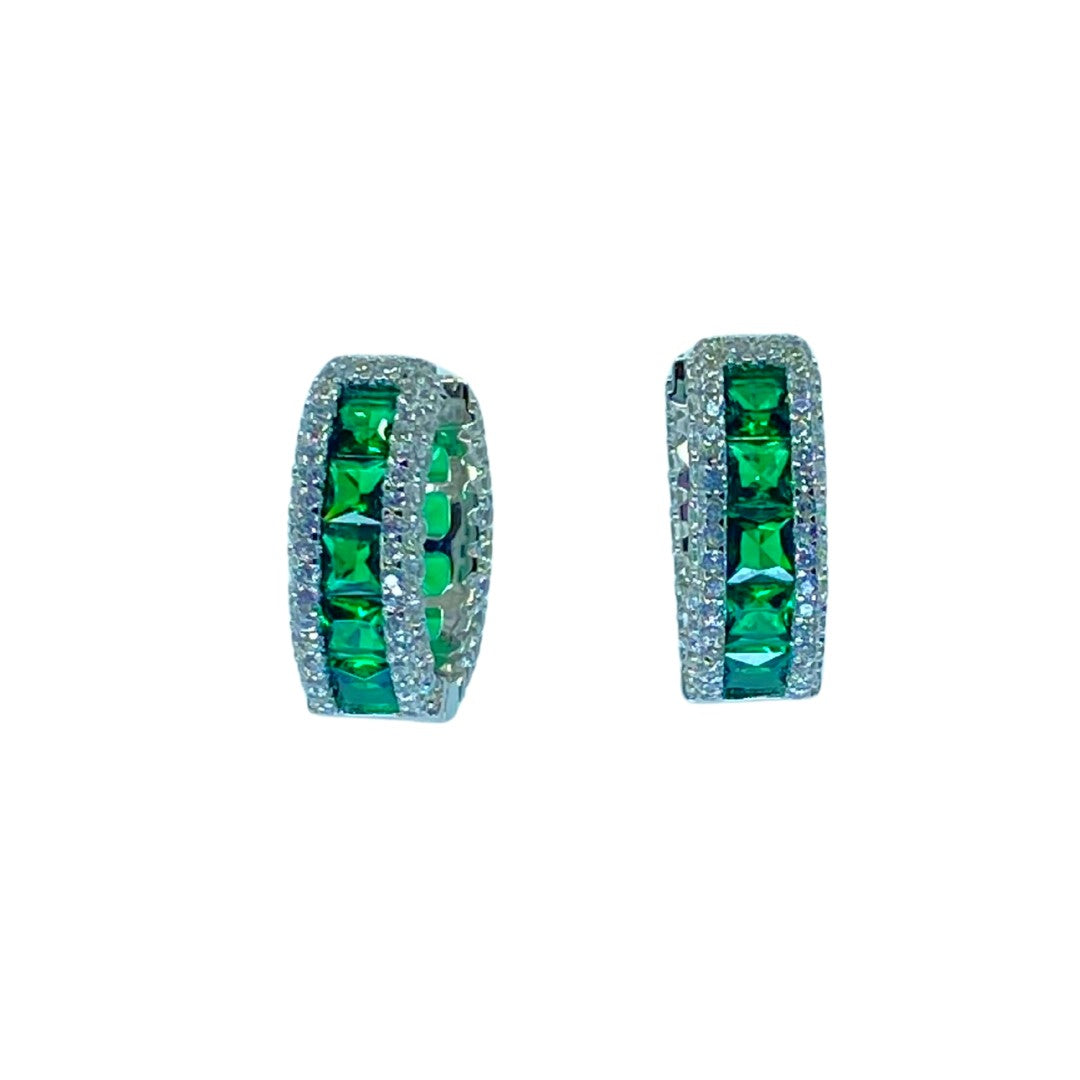 White Sterling Silver Green Cz Huggy Earrings