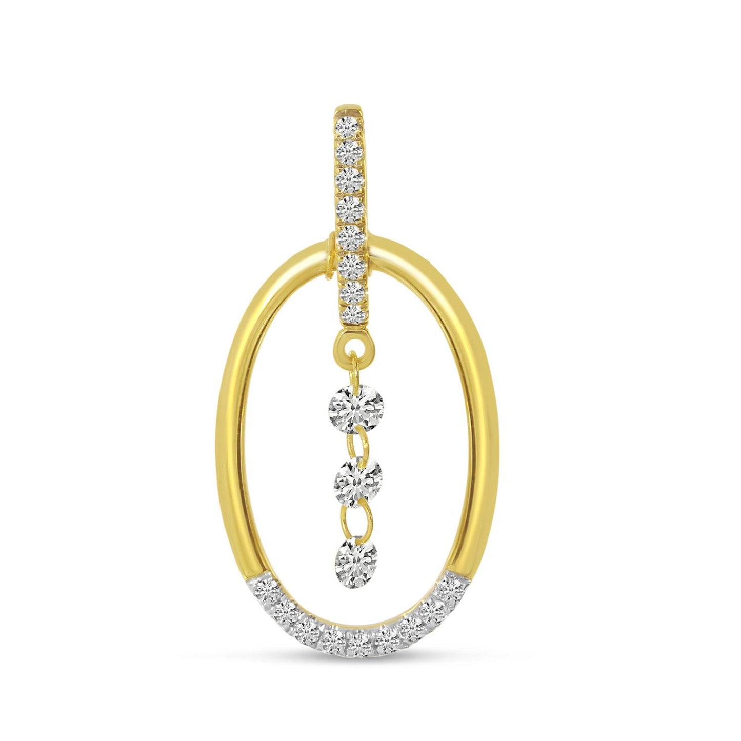 Yellow gold open oval pendant with round diamonds adorning the bottom and bail of the pendant, showcasing three descending round diamonds at its center.
