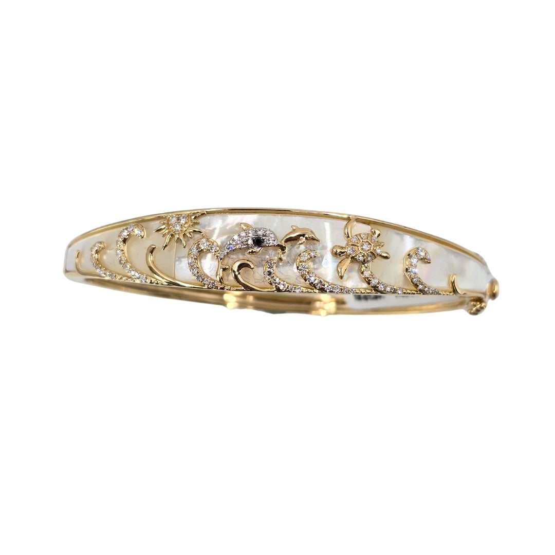 Yellow Gold Mother of Pearl and Diamond Bangle Bracelet