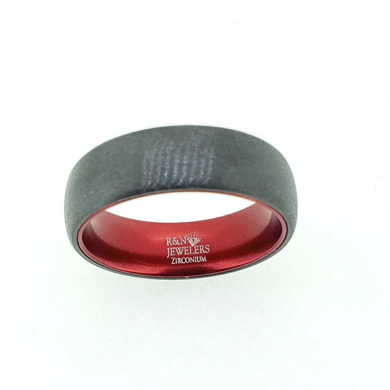 Black Zirconium Satin Domed Wedding Band with Red Sleeve