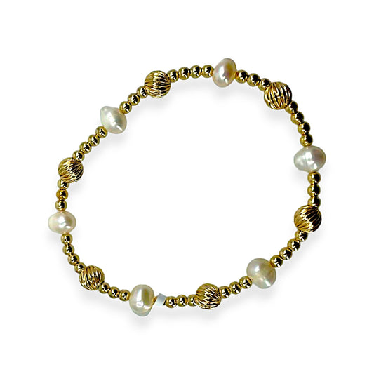 3MM Gold Filled Bead Bracelet with 6MM Twist Beads and Pearl