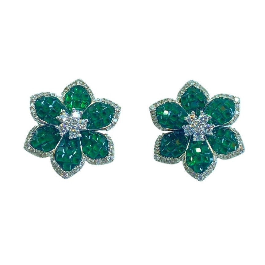 White Sterling Silver Green Crystal Large Flower Earrings