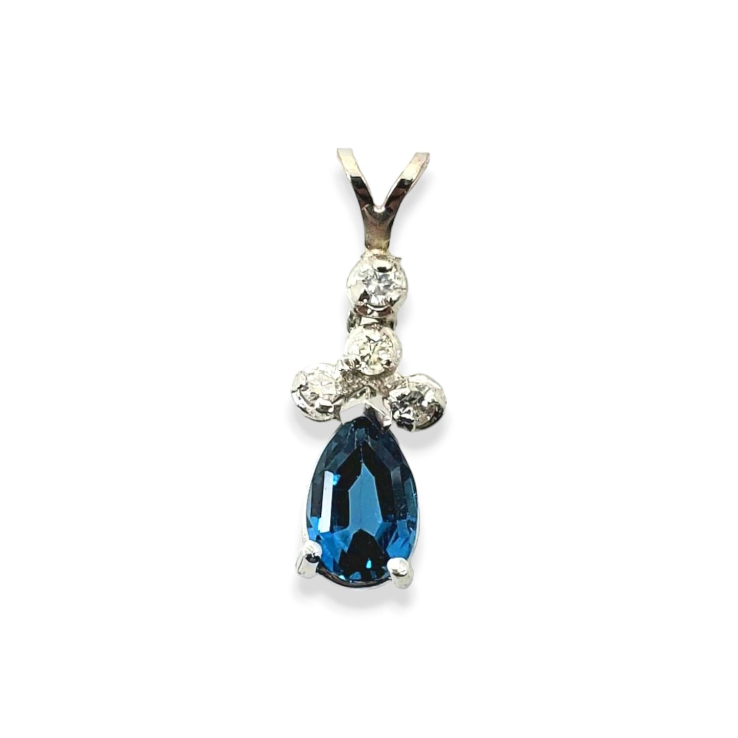 White Gold Pear Blue Topaz and Diamond Drop Pendant