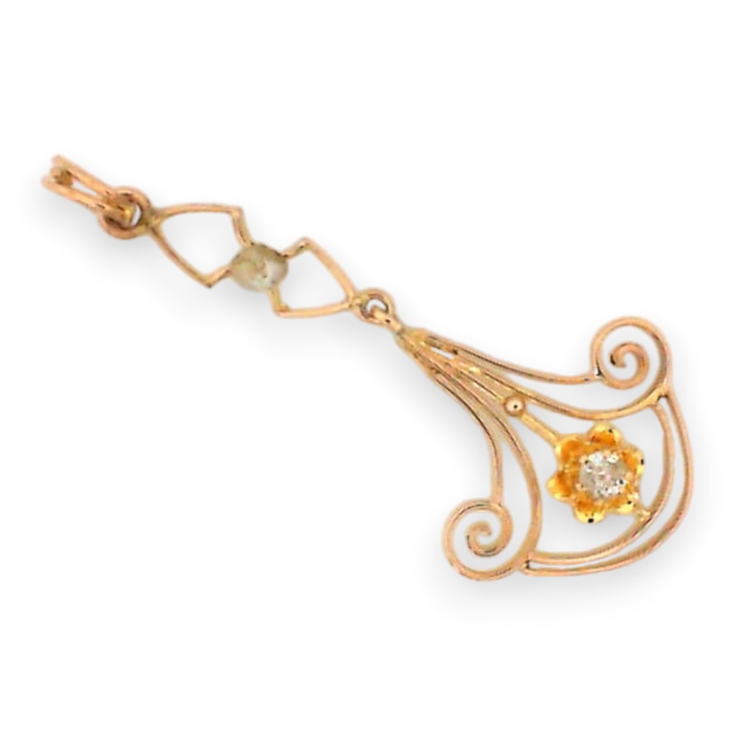 Vintage Rose Gold Diamond and Pearl Drop Neckalce