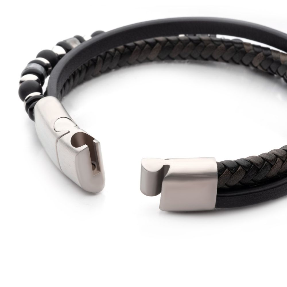 Grey Leather and Bead Multi-Strand Bracelet with Magnetic Clasp