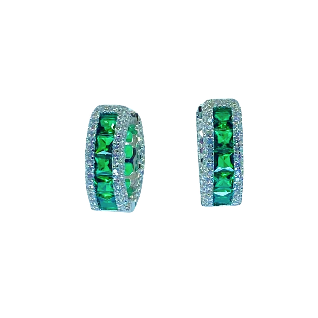 Front view of sterling silver hoop earrings with green and white cz stones