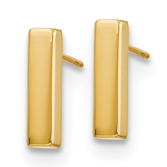 Three quarters view of yellow gold bar shaped earrings on a white background.