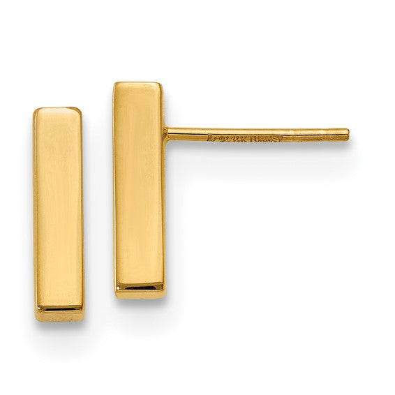 Yellow gold bar shaped earrings on a white background.