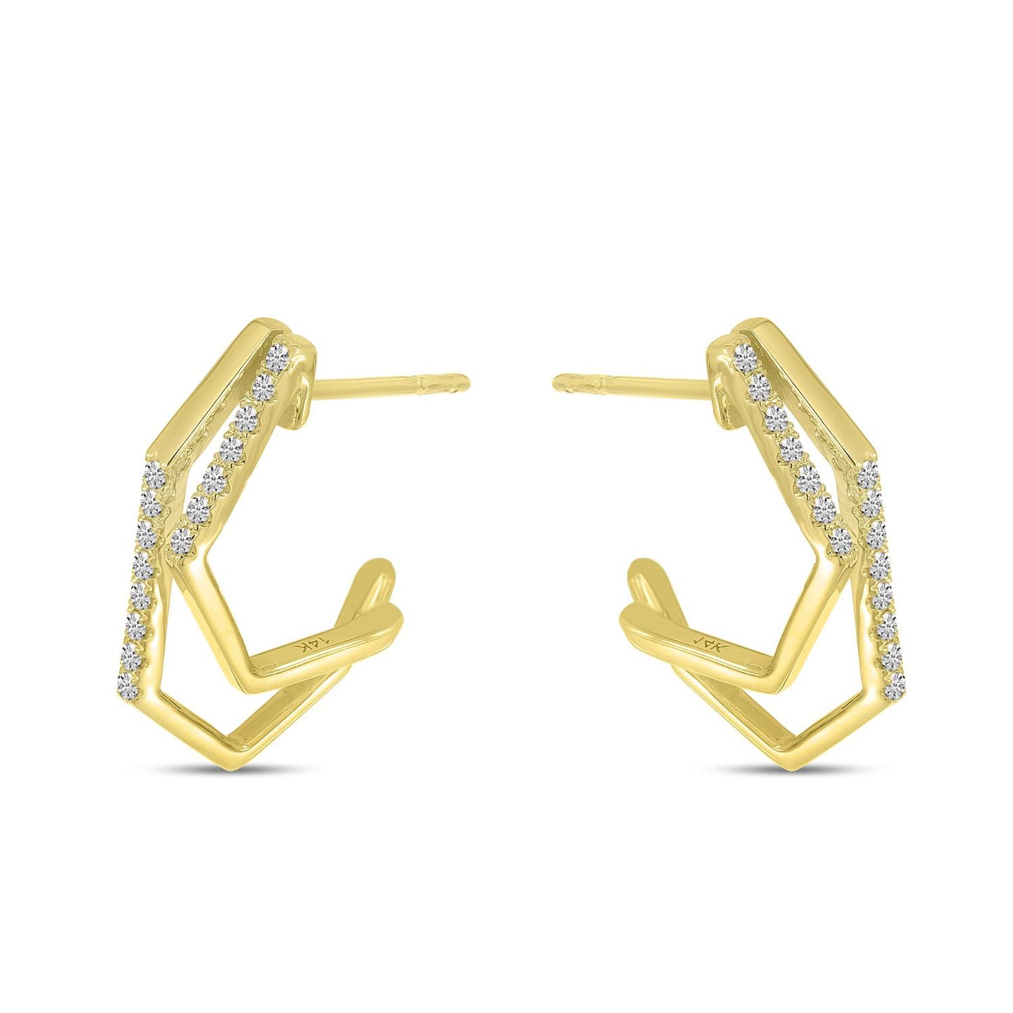Yellow gold geometric double hoops set with round diamonds.
