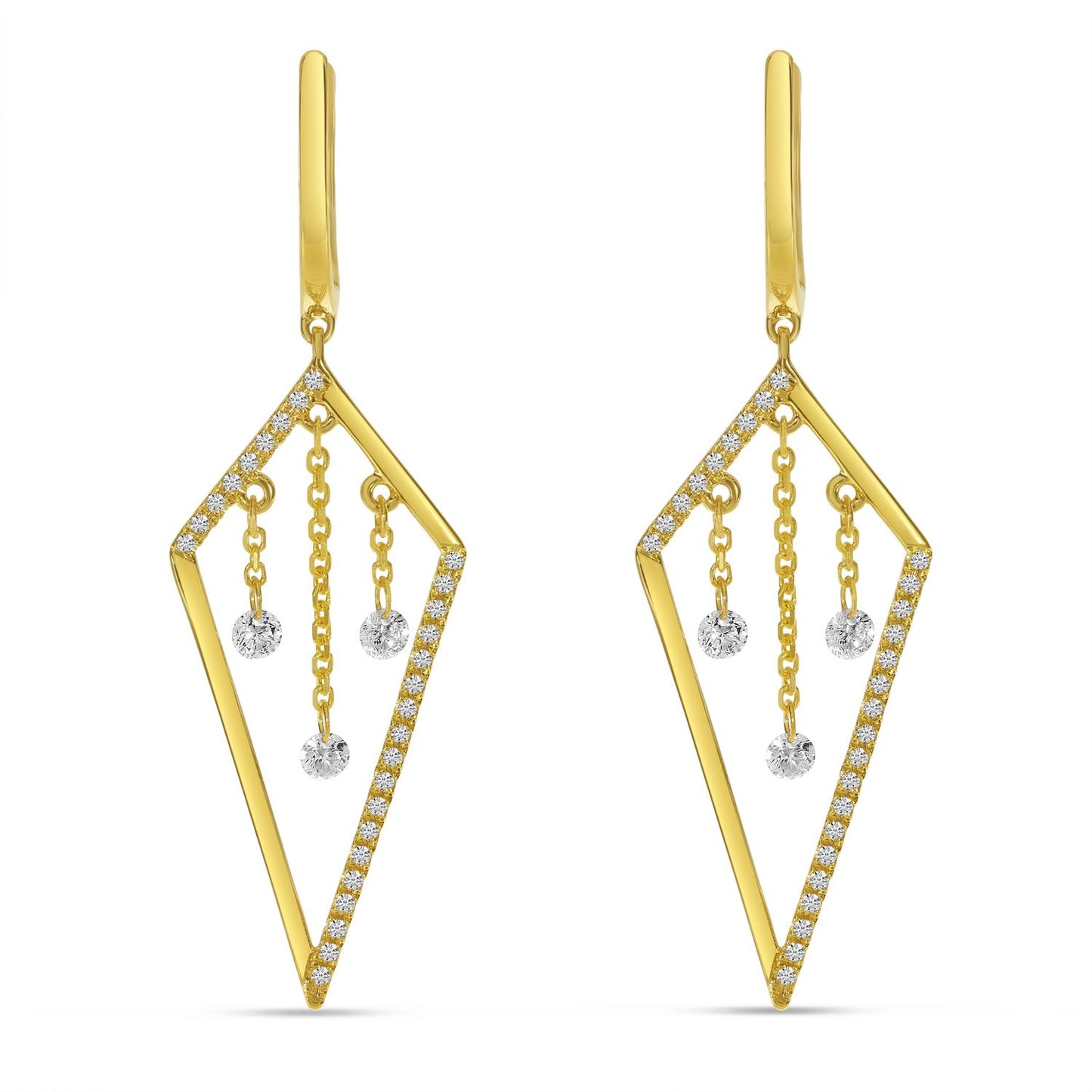 Yellow gold kite shaped drop earrings with descending dashing diamonds.