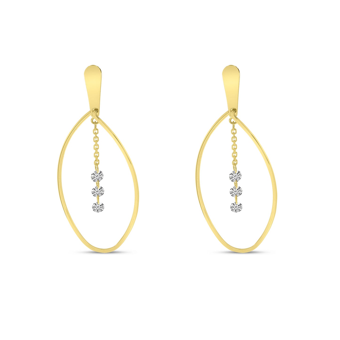 Yellow gold earrings with a center of descending dashing diamonds.