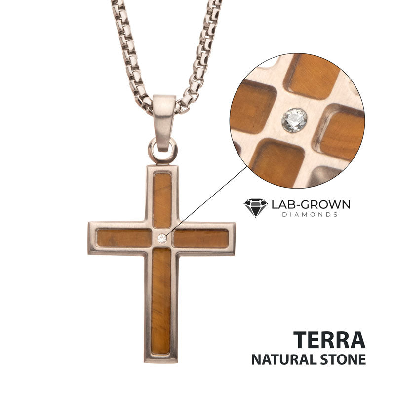 Stainless Steel Tiger Eye Inlay Cross Pendant