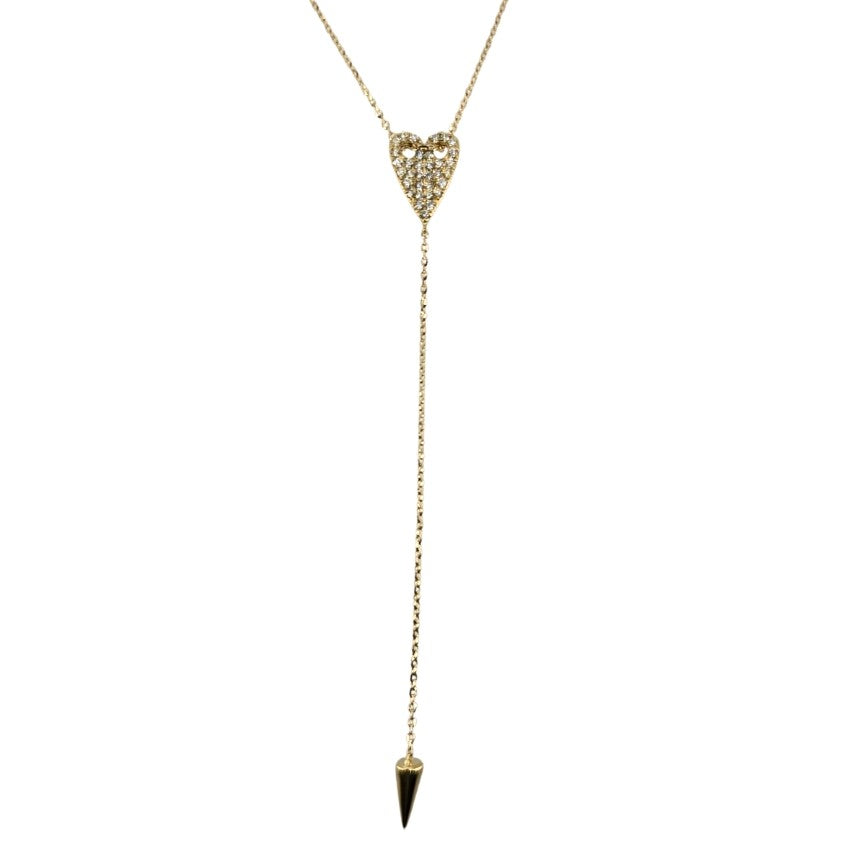 Round diamond heart shaped lariat necklace set in white gold with descending gold cone.