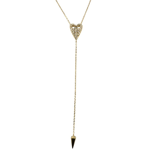 Round diamond heart shaped lariat necklace set in white gold with descending gold cone.