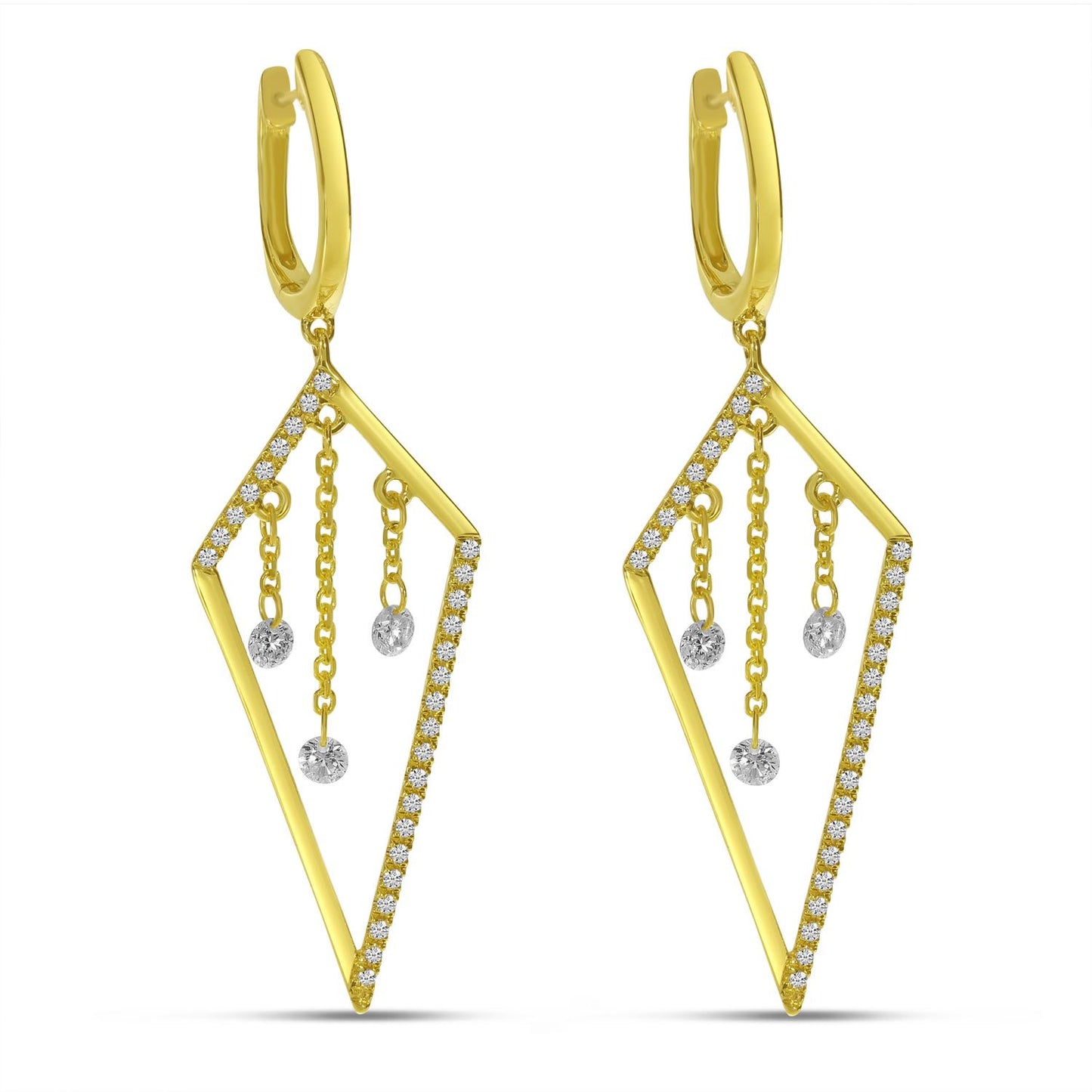 Side view of gold kite shaped drop earrings with descending dashing diamonds.