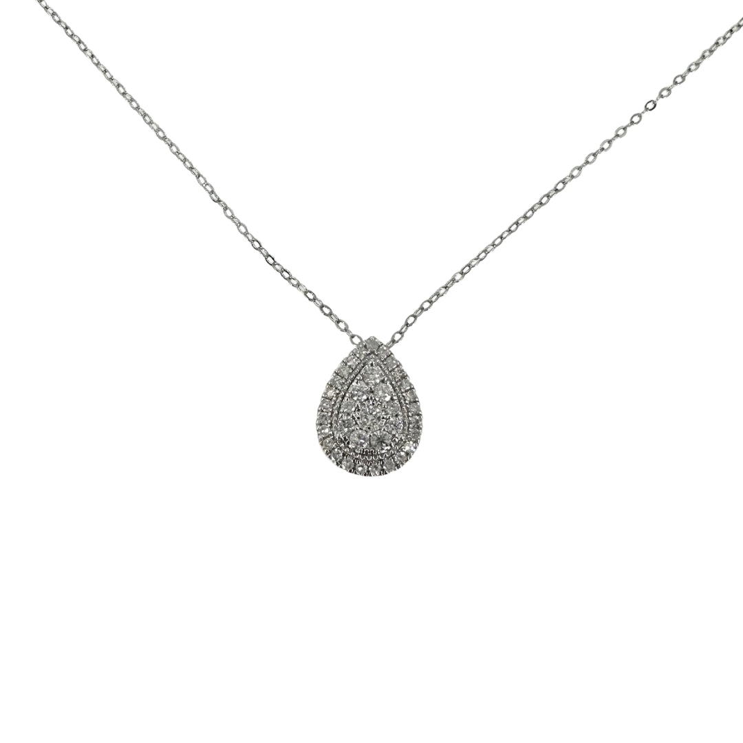White silver diamond teardrop pendant on a white silver chain.