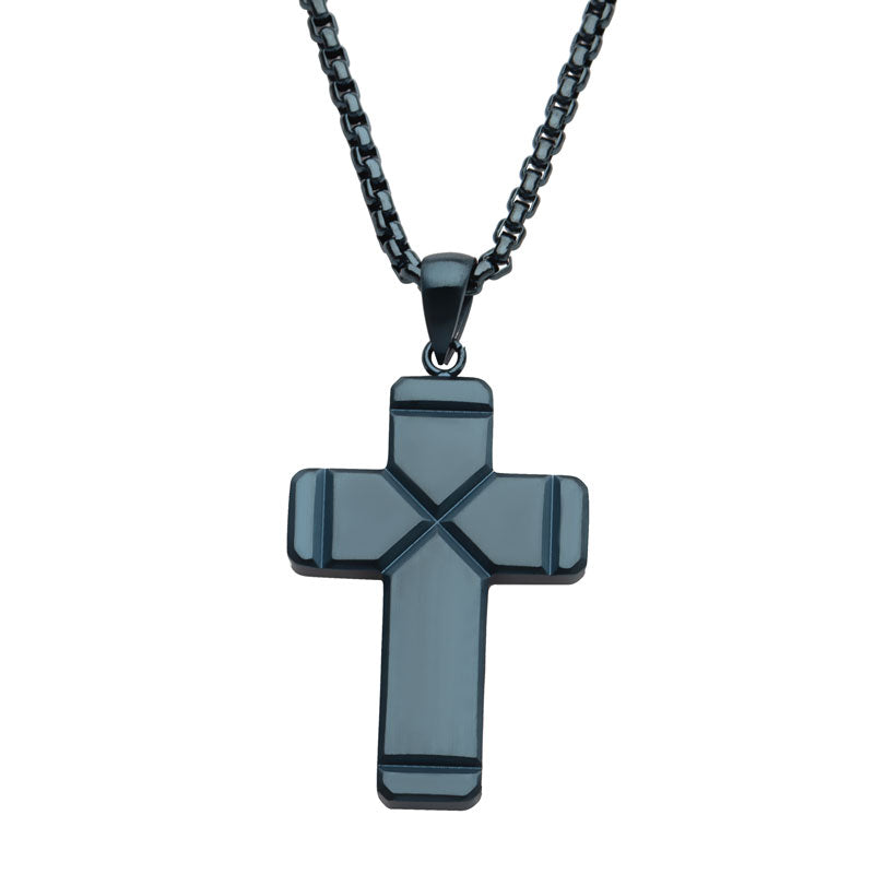 Blue IP Ridged Compact Cross Pendant