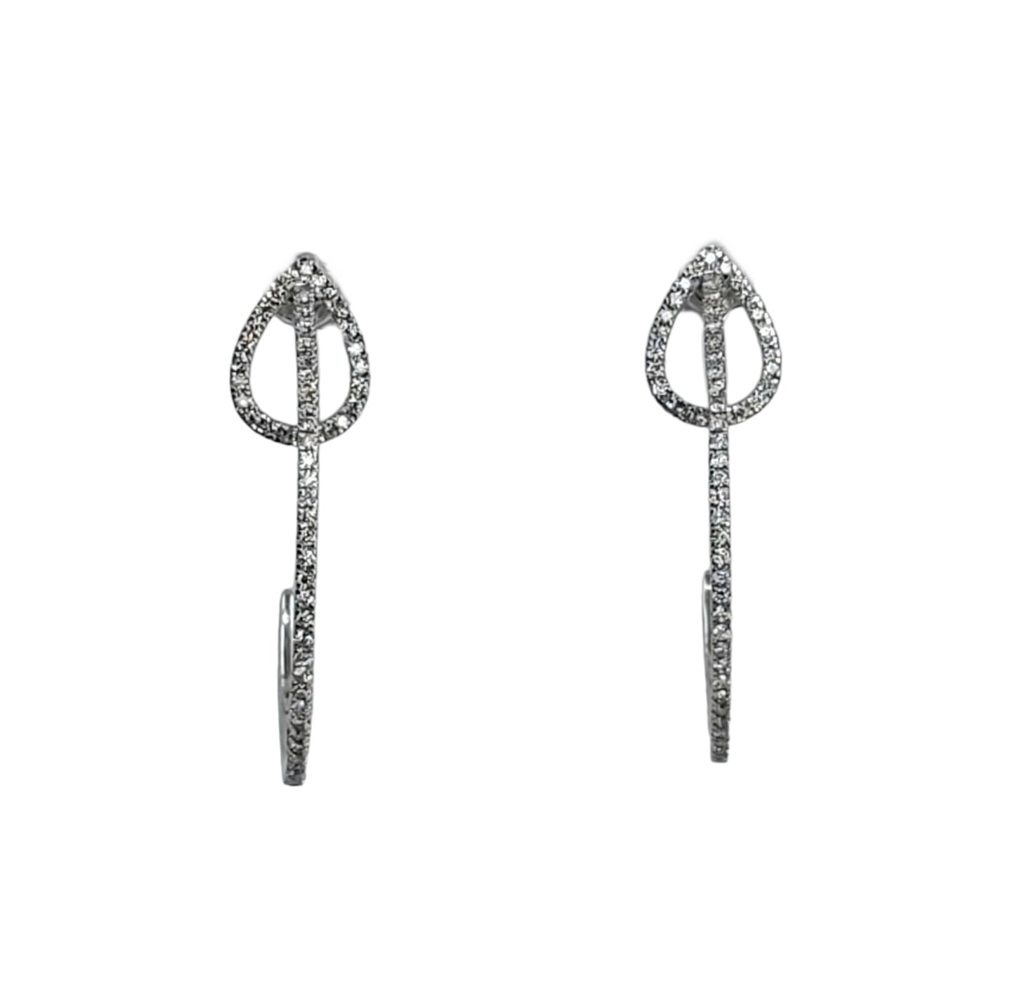 Front view of white gold J-hoop diamond earrings with a teardrop design on a white background.