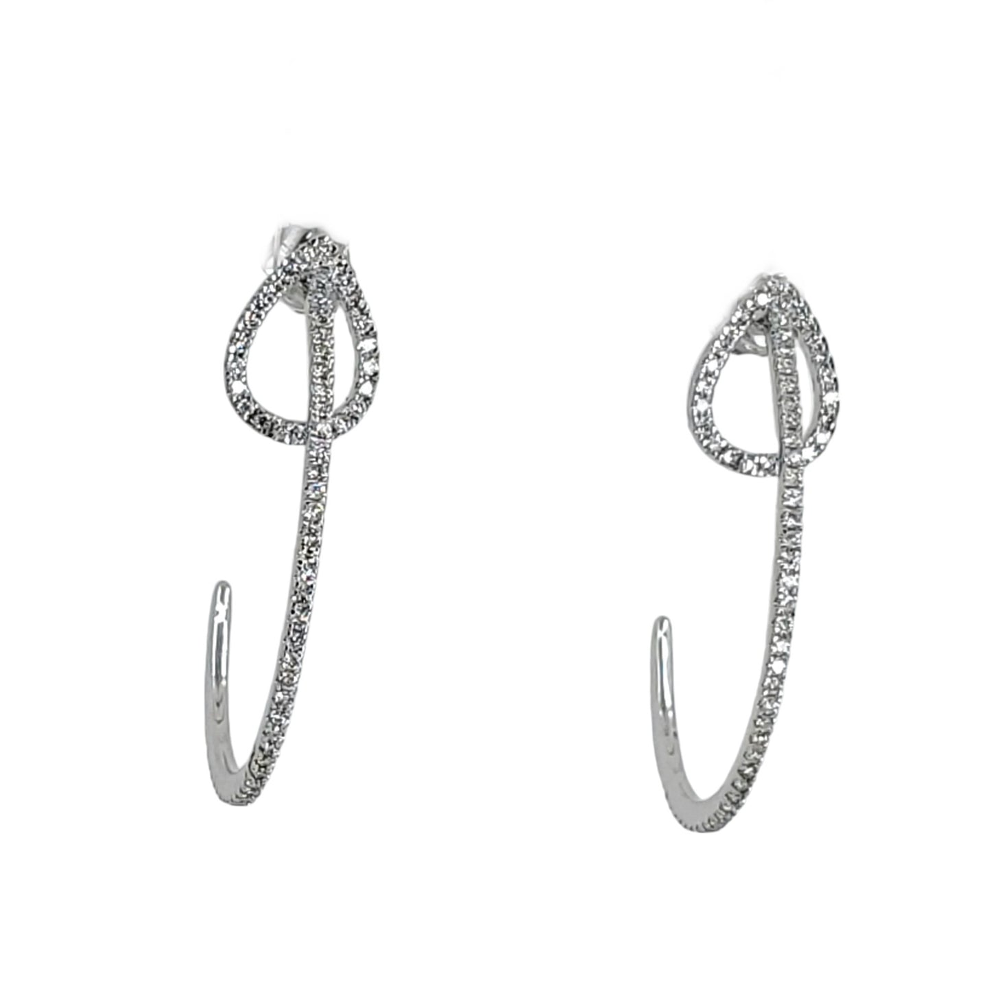 White gold J-hoop diamond earrings with a teardrop design on a white background.