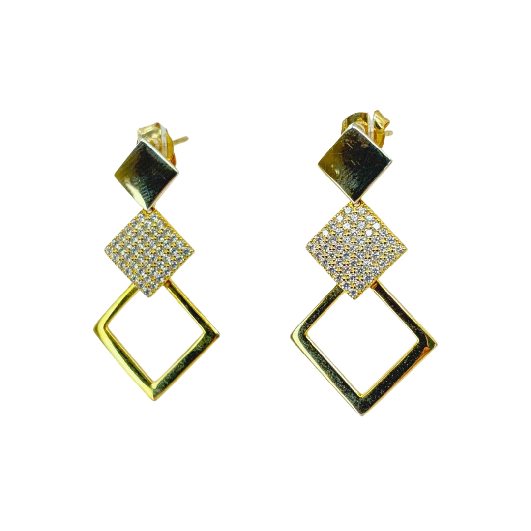 Yellow silver dangle earrings with a solid yellow silver square, descending into a pave cz covered square, and ending in a yellow open square design.