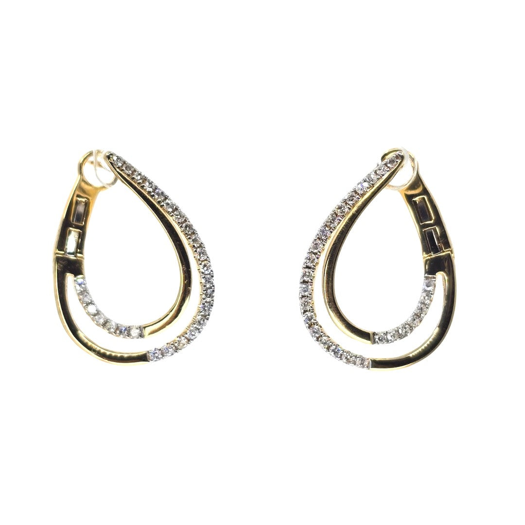 Two tone gold double hoop earrings with shining round diamonds set along the edges.