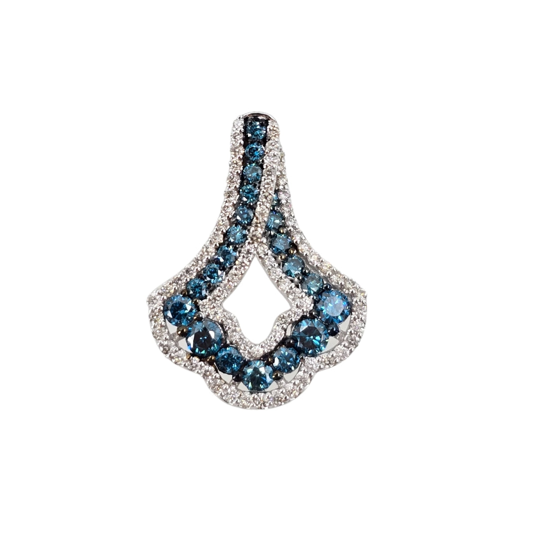 Elegant white gold fan shaped pendant with a center line of round blue diamonds accented on both sides by round diamonds.