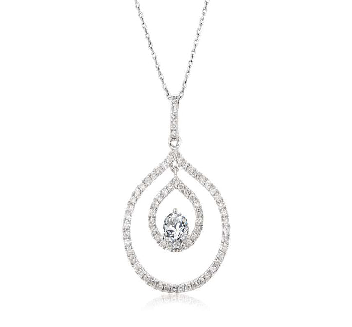 White gold double teardrop shaped pendant with one large central round diamond accented by round diamonds.