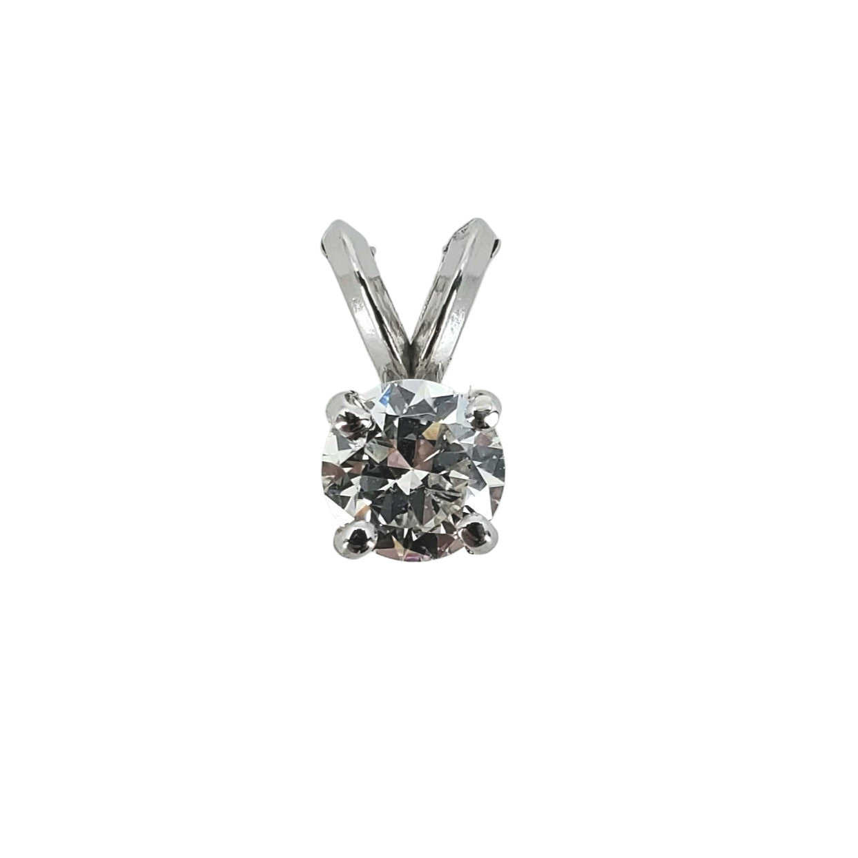 A white gold round diamond rabbit ear pendant with a classic four prong setting.