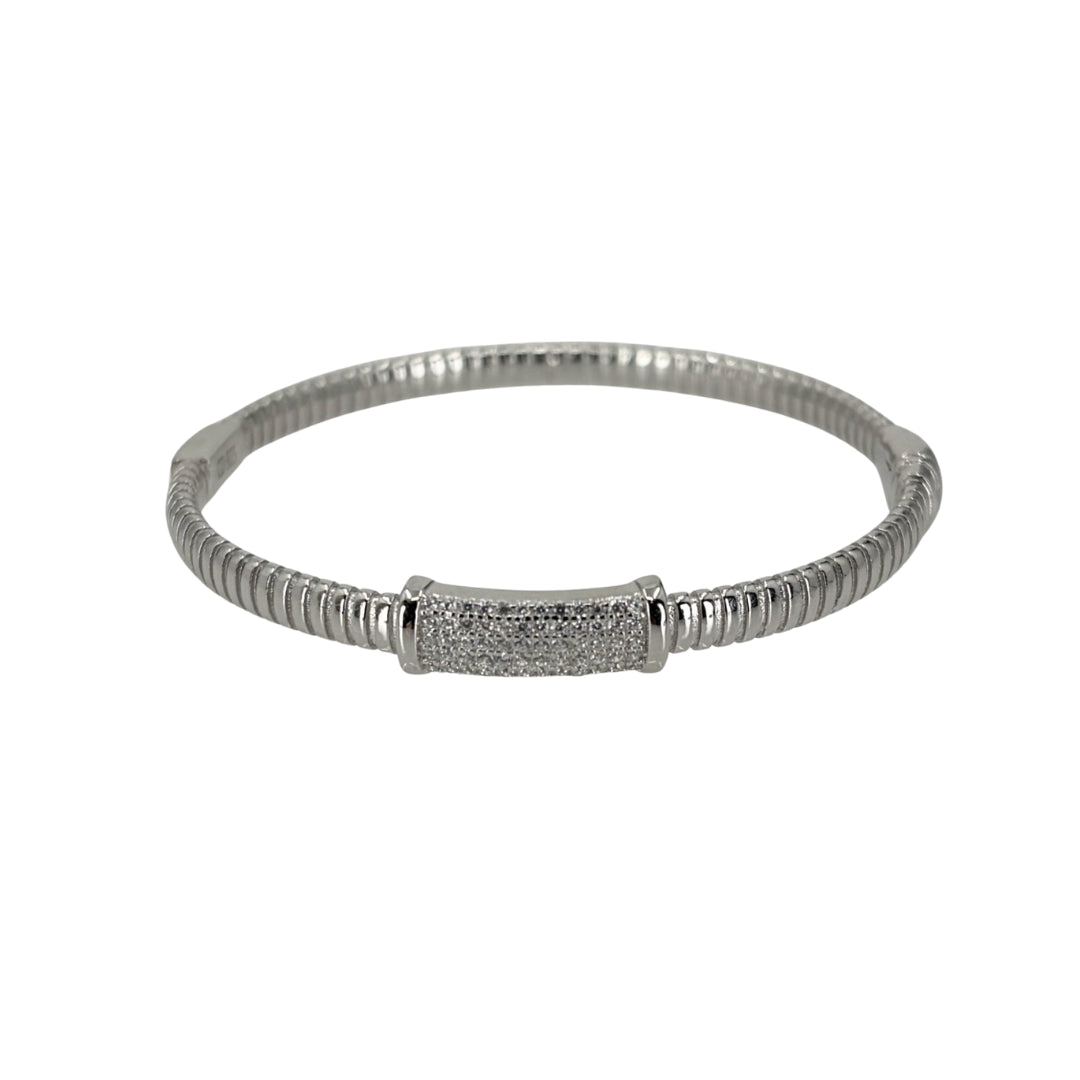White silver bangle with a rectangular cz set centerpiece.