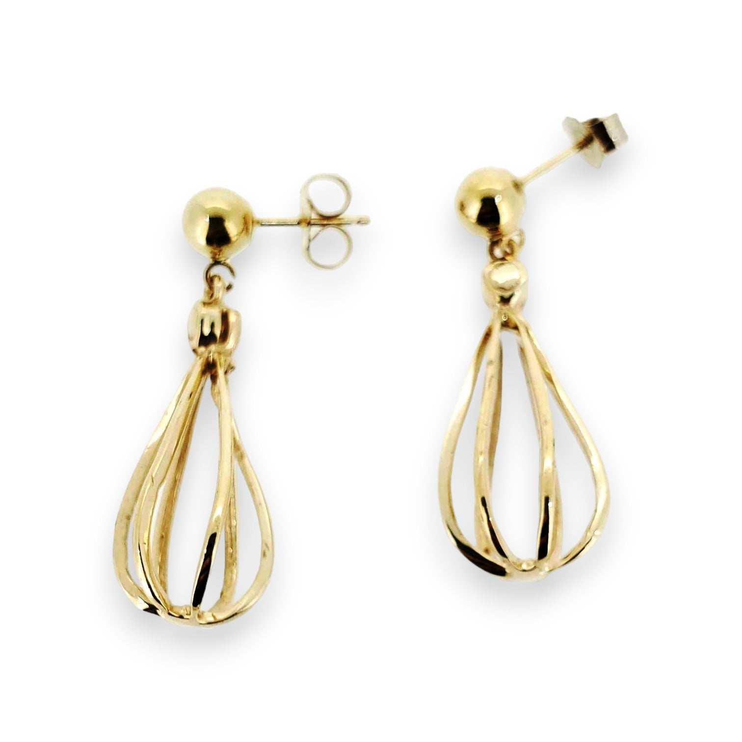 Yellow gold wire tear drop shaped earrings on a white background.