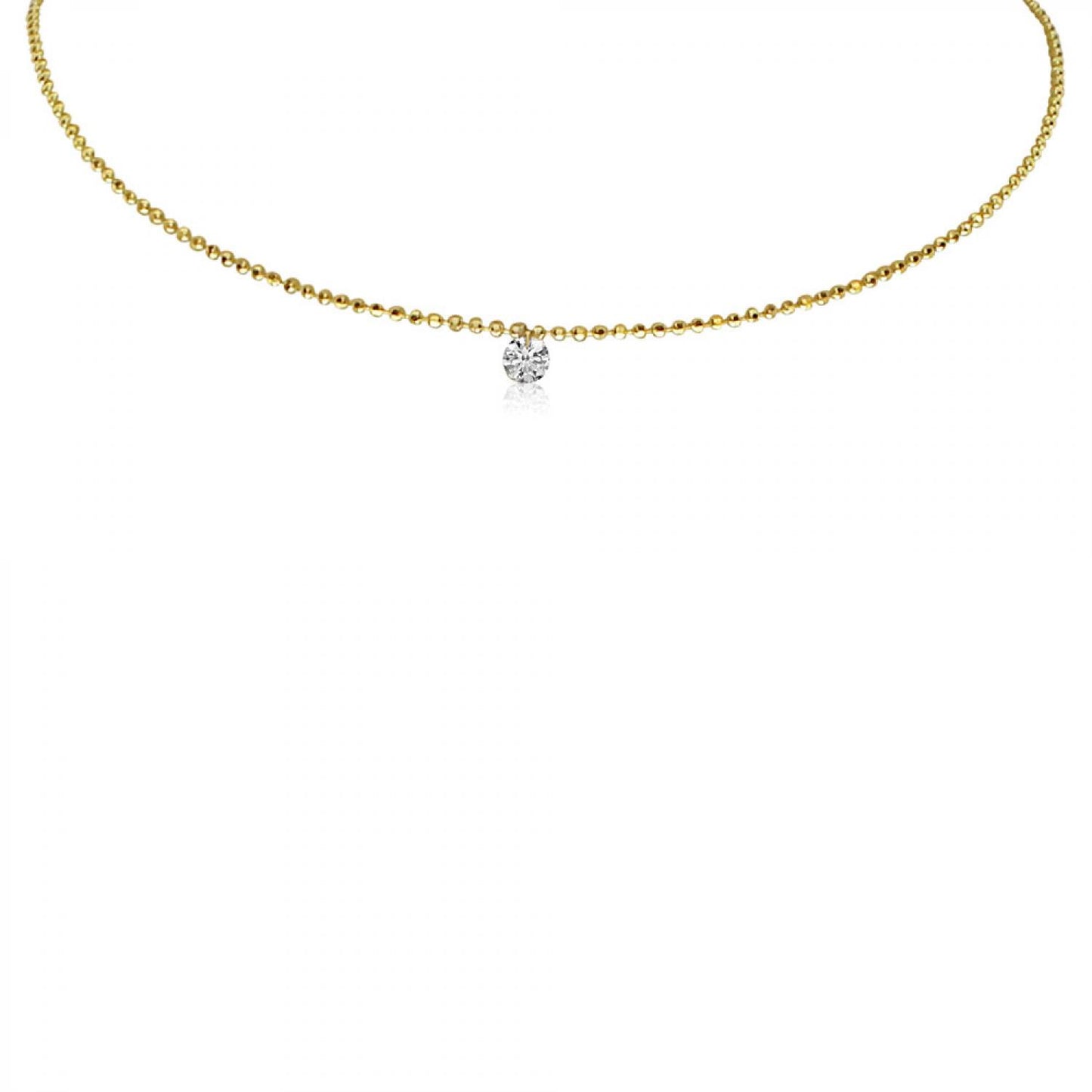 Yellow gold bead necklace with a small solitaire round diamond shining from the center.