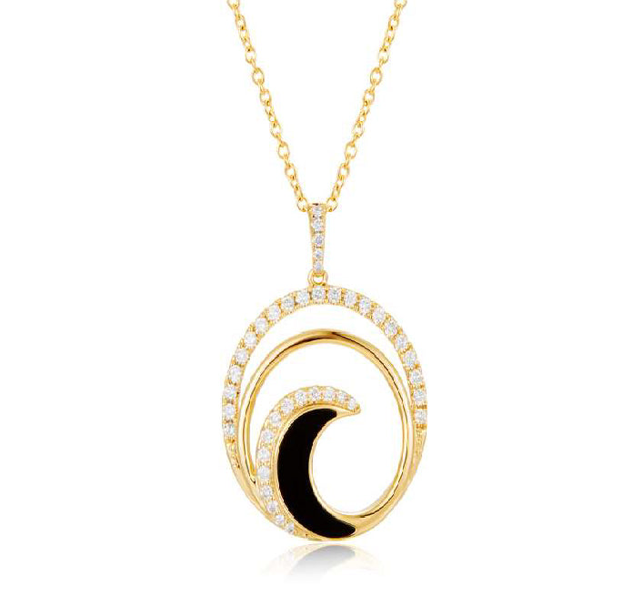 Yellow gold open drop pendant in a circular wave design adorned with round diamonds and a central onyx.