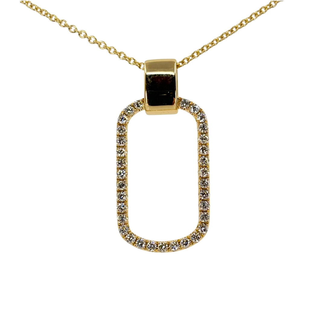 Yellow gold open dog tag necklace with round diamonds set along the outline of the tag.