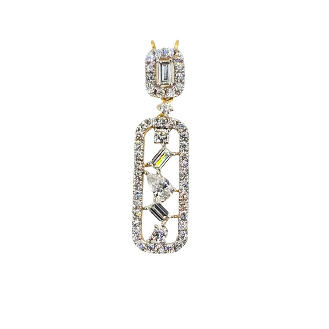 Yellow gold open rectangle pendant with round, emerald, and pear cut diamonds dancing in the center and a square slider adorned with round diamonds.